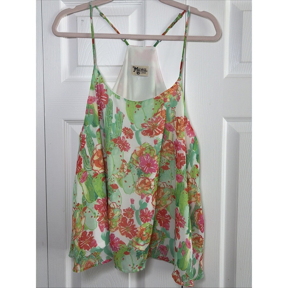 Show Me Your Mumu Peta Tunic Womens Size L Green Pink Cactus Floral Cami Tank